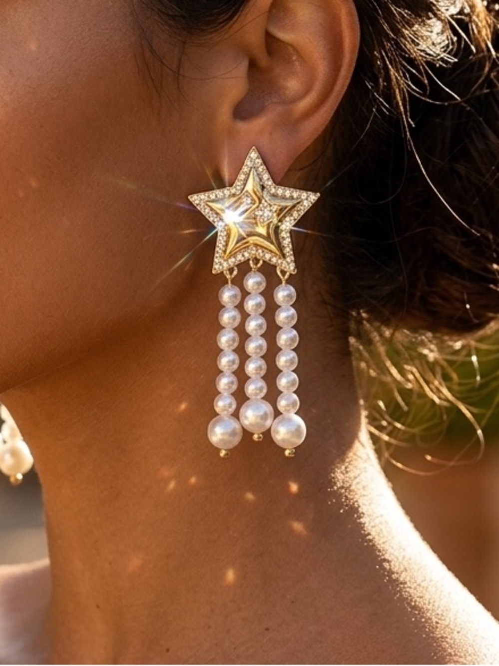 Gold Crystal Star & Pearl Tassel – Patriotic 4th of July - Stainless Steel